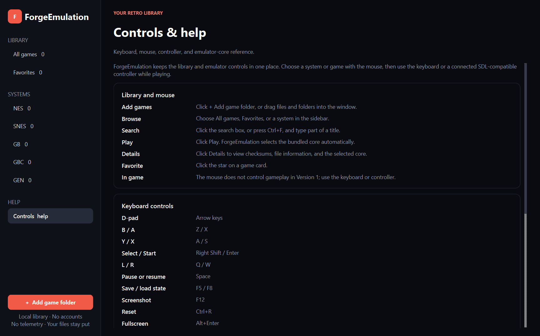 ForgeEmulation Controls and help page